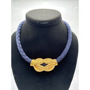 Vtg Navy Rope Necklace W/ 2 Gold-Tone Knot & Floral Slide Pendants Adjustable